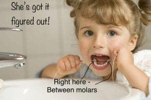 Child flossing teeth